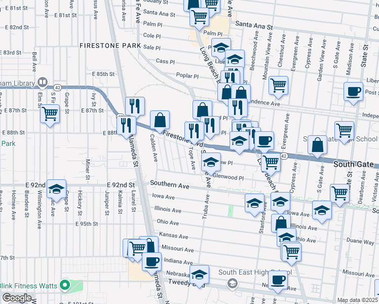 map of restaurants, bars, coffee shops, grocery stores, and more near 8928 Tope Avenue in South Gate