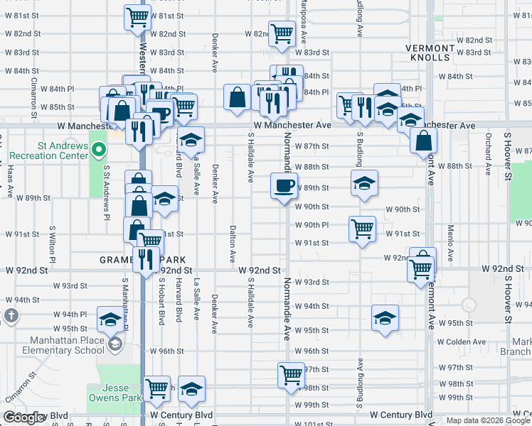 map of restaurants, bars, coffee shops, grocery stores, and more near 1448 West 90th Street in Los Angeles