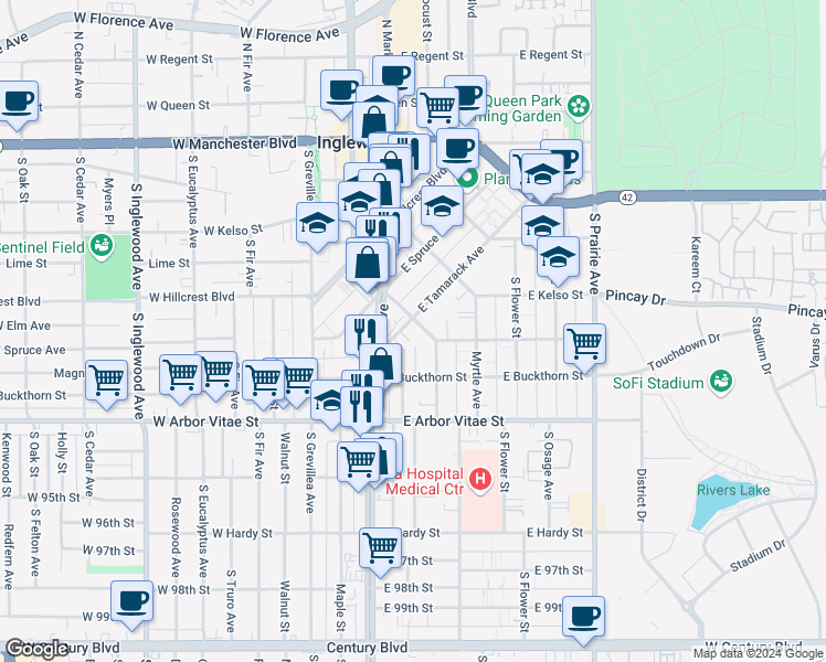 map of restaurants, bars, coffee shops, grocery stores, and more near 162 East Tamarack Avenue in Inglewood