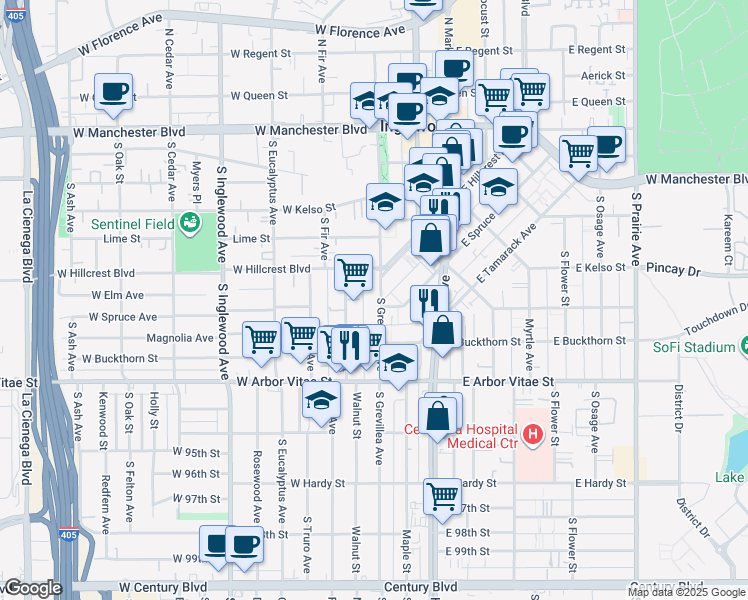 map of restaurants, bars, coffee shops, grocery stores, and more near 631 South Grevillea Avenue in Inglewood