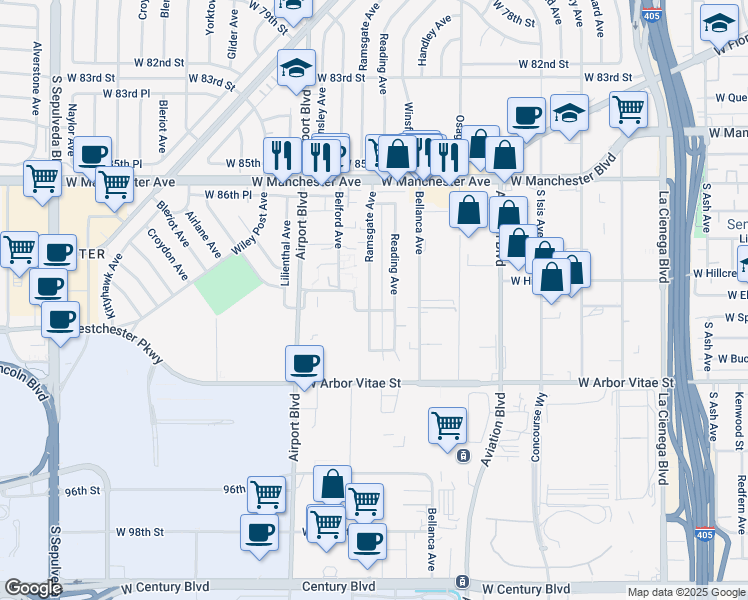 map of restaurants, bars, coffee shops, grocery stores, and more near 8931 Ramsgate Avenue in Los Angeles