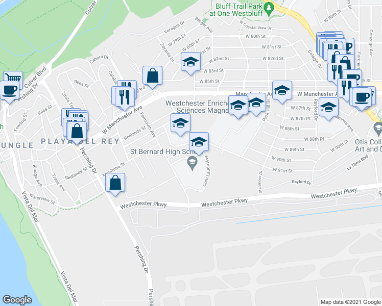 map of restaurants, bars, coffee shops, grocery stores, and more near 9100 Falmouth Avenue in Los Angeles