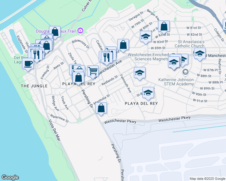 map of restaurants, bars, coffee shops, grocery stores, and more near 8150 Manitoba Street in Los Angeles