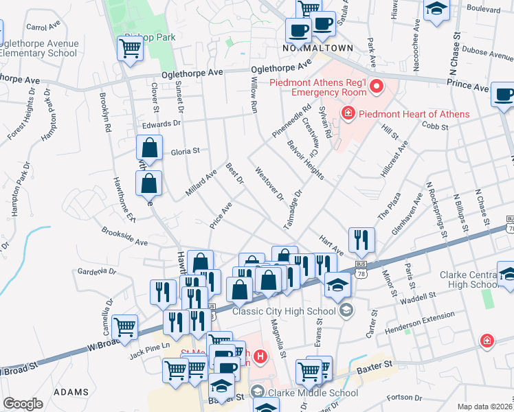 map of restaurants, bars, coffee shops, grocery stores, and more near 270 Holman Avenue in Athens