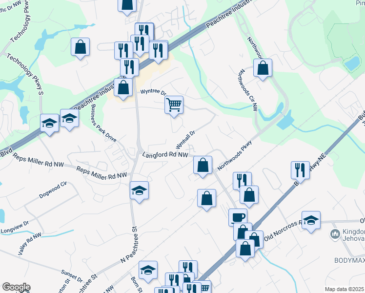 map of restaurants, bars, coffee shops, grocery stores, and more near 5574 Wynhall Drive in Norcross