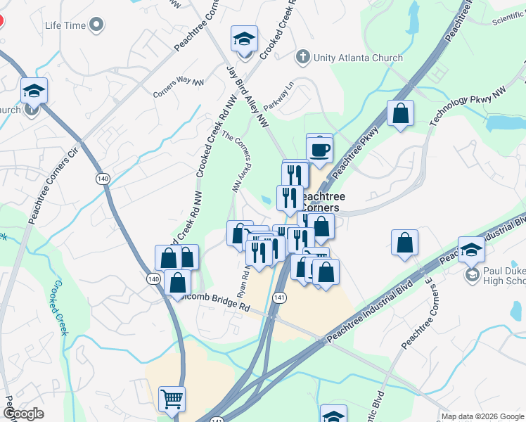 map of restaurants, bars, coffee shops, grocery stores, and more near 3433 Kiveton Drive in Norcross