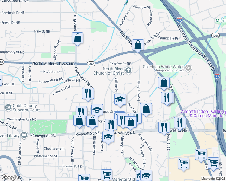 map of restaurants, bars, coffee shops, grocery stores, and more near 176 Bishop Drive in Marietta