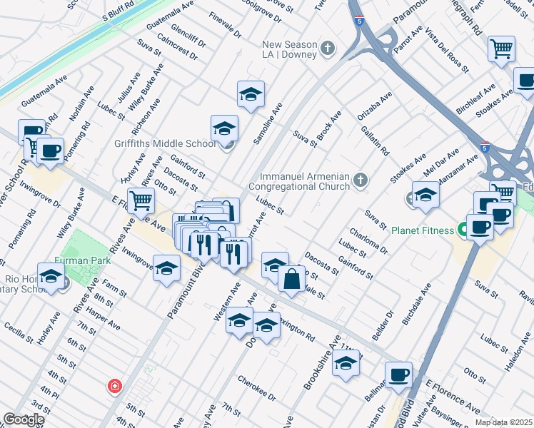 map of restaurants, bars, coffee shops, grocery stores, and more near 9814 Parrot Avenue in Downey