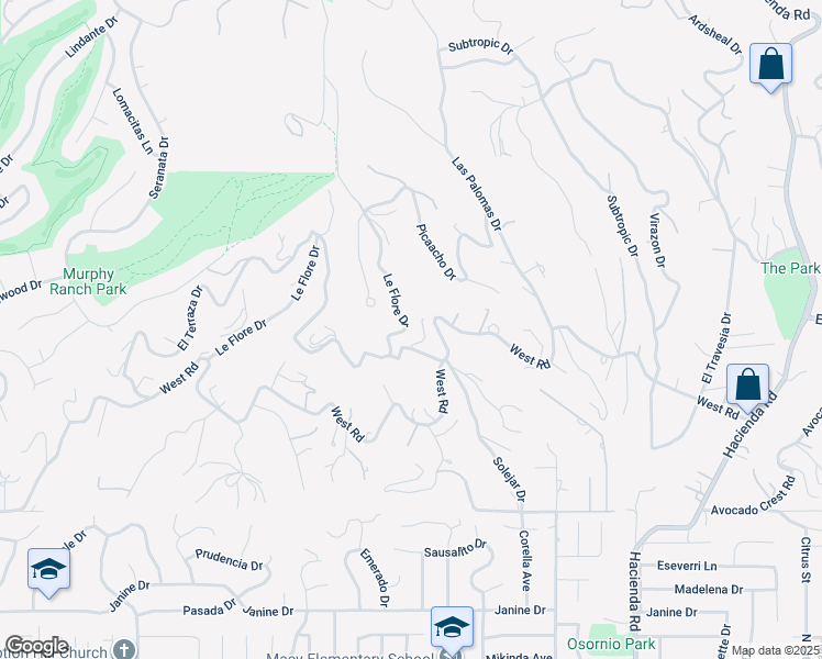 map of restaurants, bars, coffee shops, grocery stores, and more near 1950 Le Flore Drive in La Habra Heights