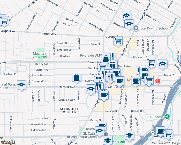 map of restaurants, bars, coffee shops, grocery stores, and more near 4317 Beatty Drive in Riverside