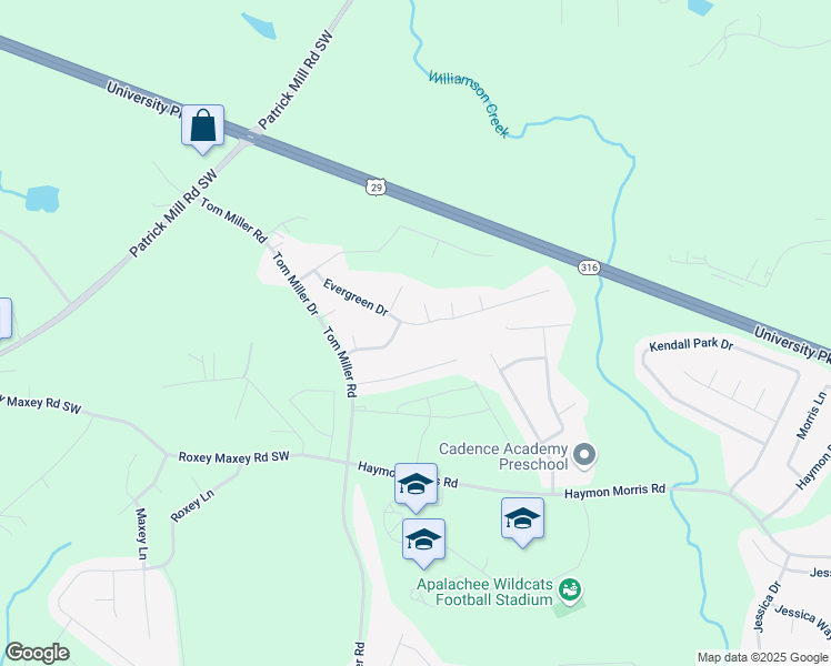 map of restaurants, bars, coffee shops, grocery stores, and more near 727 Evergreen Drive in Winder