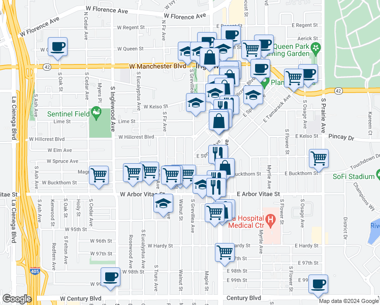 map of restaurants, bars, coffee shops, grocery stores, and more near 631 South Grevillea Avenue in Inglewood