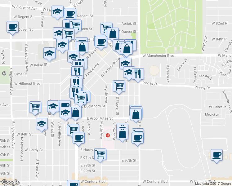 map of restaurants, bars, coffee shops, grocery stores, and more near 631 South Flower Street in Inglewood