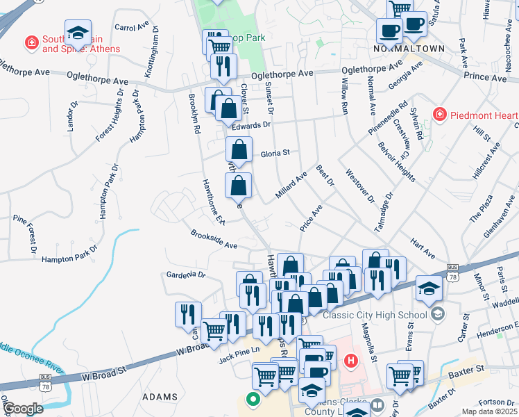 map of restaurants, bars, coffee shops, grocery stores, and more near 425 Millard Avenue in Athens