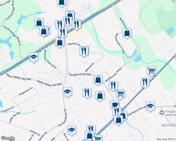 map of restaurants, bars, coffee shops, grocery stores, and more near 5574 Wynhall Drive in Norcross