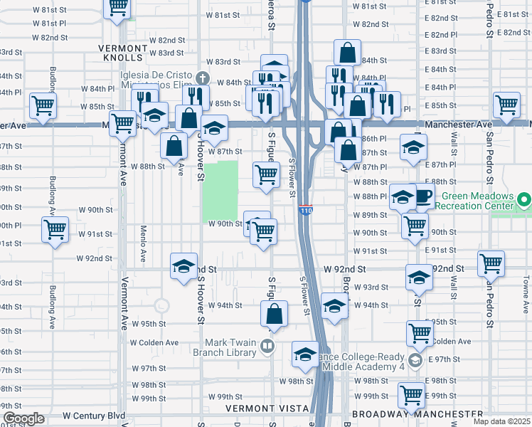 map of restaurants, bars, coffee shops, grocery stores, and more near 8911 South Figueroa Street in Los Angeles