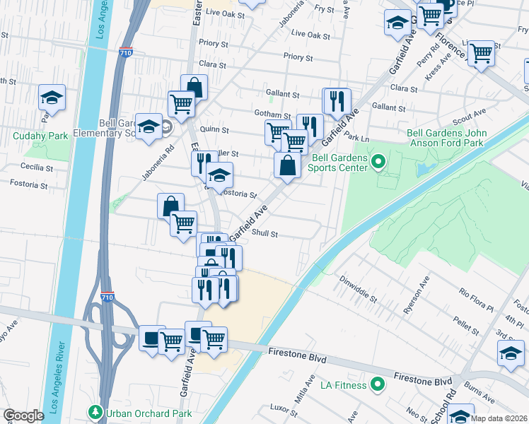 map of restaurants, bars, coffee shops, grocery stores, and more near 8312 Garfield Avenue in Bell Gardens