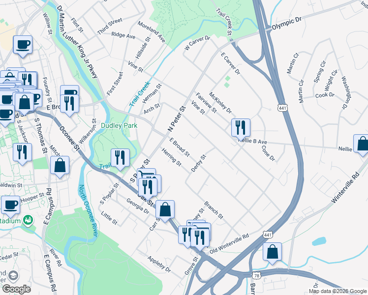 map of restaurants, bars, coffee shops, grocery stores, and more near 1455 East Broad Street in Athens