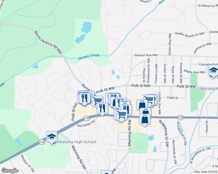 map of restaurants, bars, coffee shops, grocery stores, and more near 870 Polk Street Northwest in Marietta