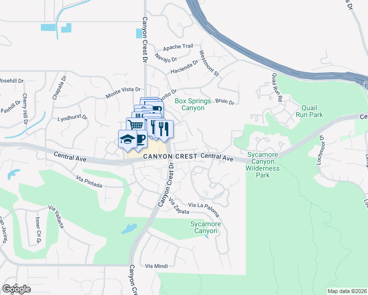 map of restaurants, bars, coffee shops, grocery stores, and more near 845 Daffodil Drive in Riverside