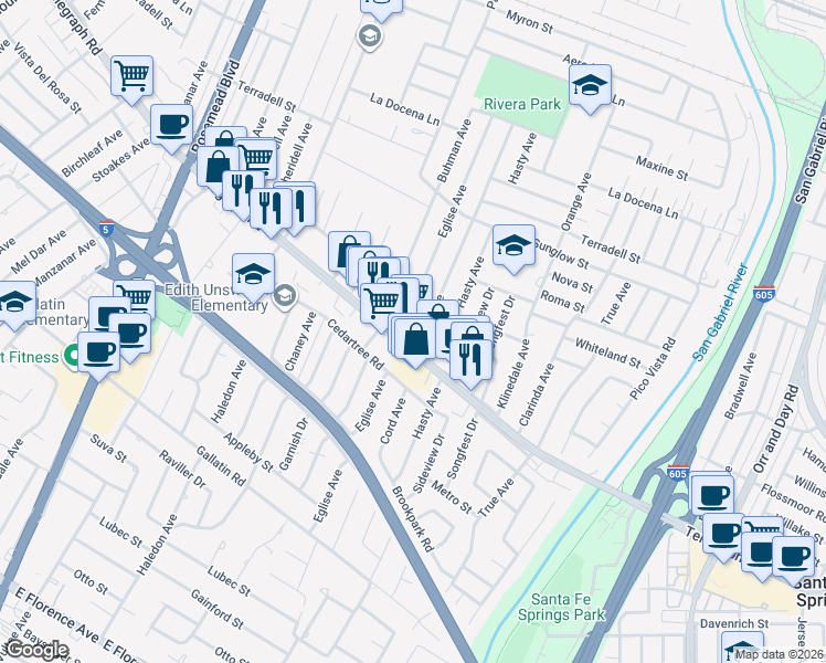 map of restaurants, bars, coffee shops, grocery stores, and more near 9425 Telegraph Road in Pico Rivera