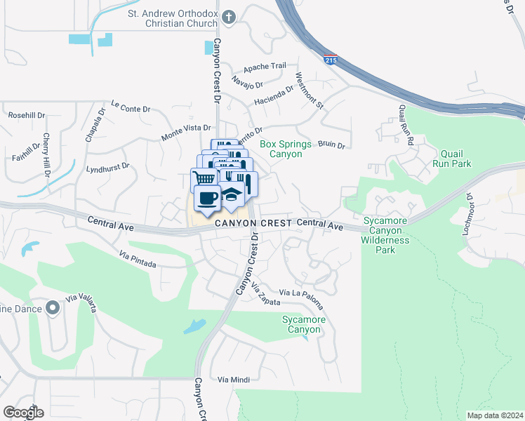 map of restaurants, bars, coffee shops, grocery stores, and more near 5384 Dahlia Lane in Riverside