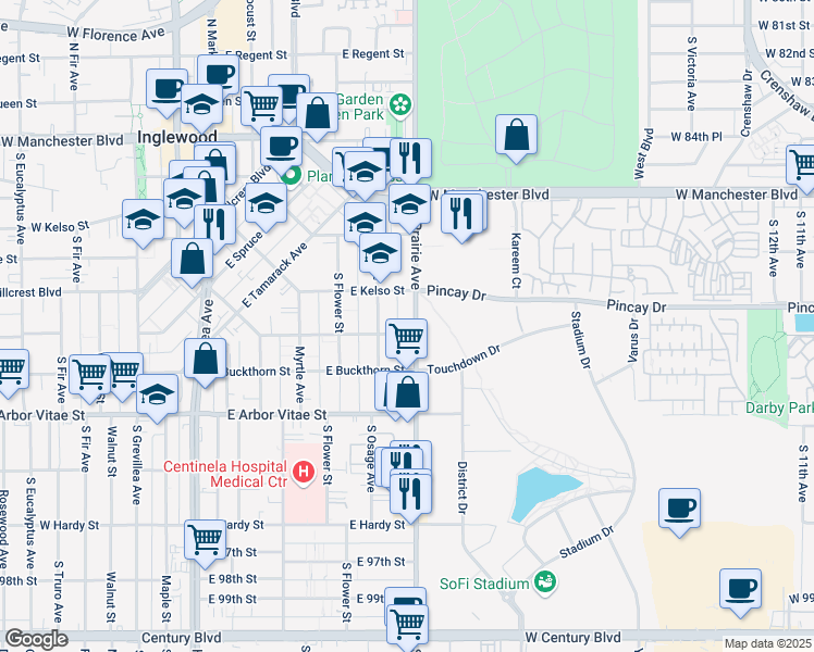 map of restaurants, bars, coffee shops, grocery stores, and more near 635 Prairie Avenue in Inglewood