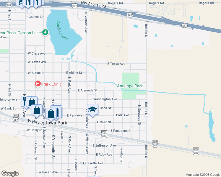 map of restaurants, bars, coffee shops, grocery stores, and more near 608 East Alameda Street in Iowa Park
