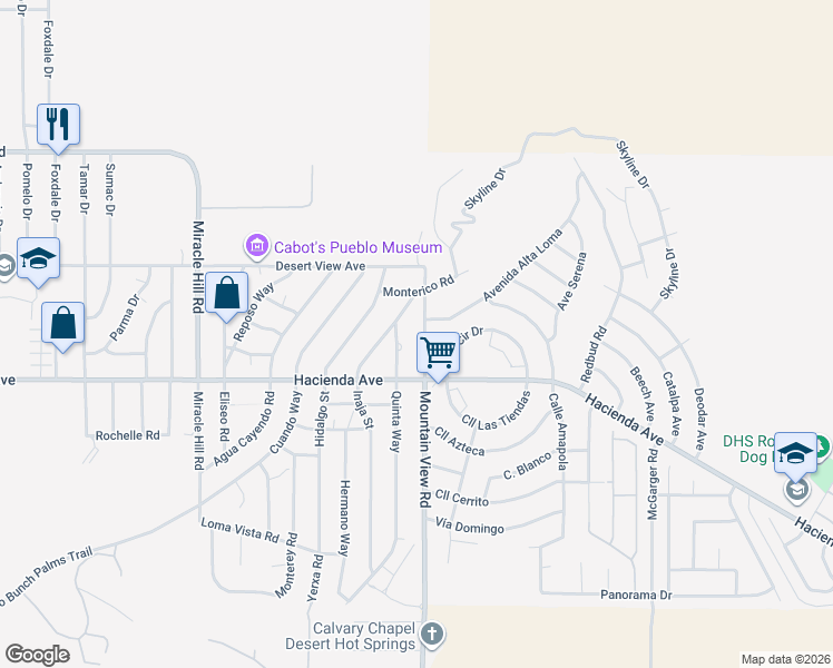 map of restaurants, bars, coffee shops, grocery stores, and more near 12799 Mountain View Road in Desert Hot Springs