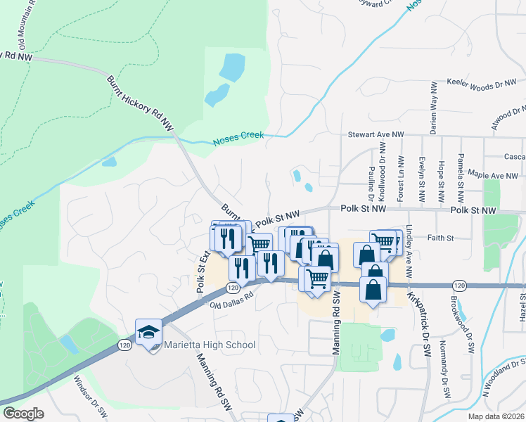 map of restaurants, bars, coffee shops, grocery stores, and more near 227 Hanson Way Northwest in Marietta