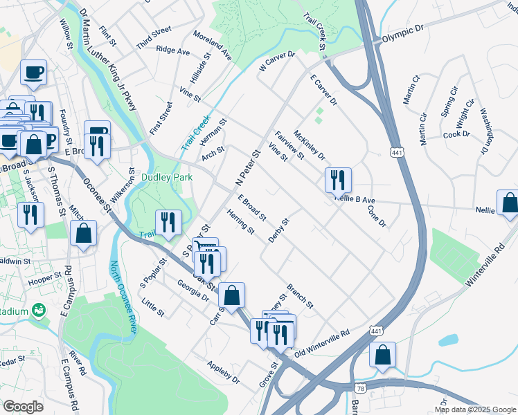 map of restaurants, bars, coffee shops, grocery stores, and more near 1455 East Broad Street in Athens