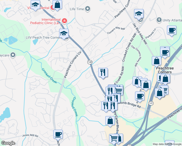 map of restaurants, bars, coffee shops, grocery stores, and more near None in Peachtree Corners
