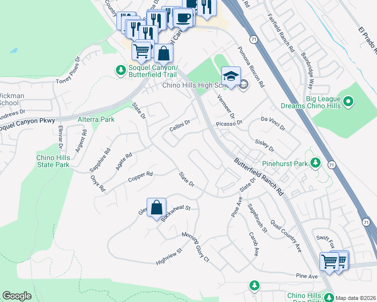 map of restaurants, bars, coffee shops, grocery stores, and more near 5176 Fox Hall Road in Chino Hills