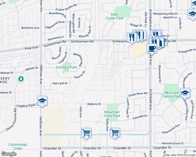 map of restaurants, bars, coffee shops, grocery stores, and more near 14600 Monet Drive in Corona