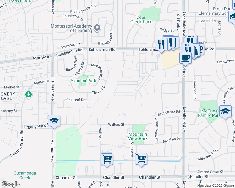 map of restaurants, bars, coffee shops, grocery stores, and more near 14624 Monet Drive in Corona