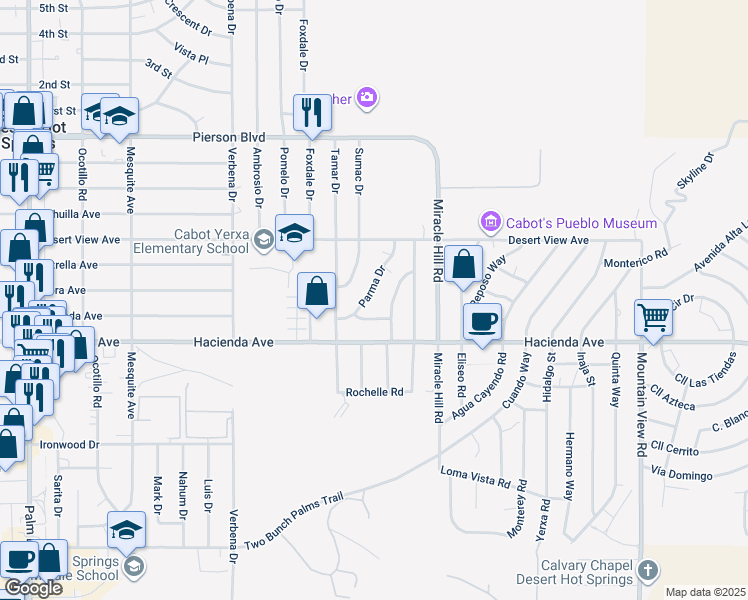 map of restaurants, bars, coffee shops, grocery stores, and more near 12804 Parma Drive in Desert Hot Springs