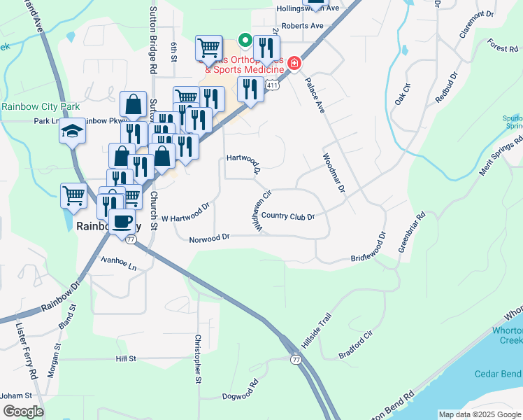 map of restaurants, bars, coffee shops, grocery stores, and more near 833 Country Club Drive in Gadsden