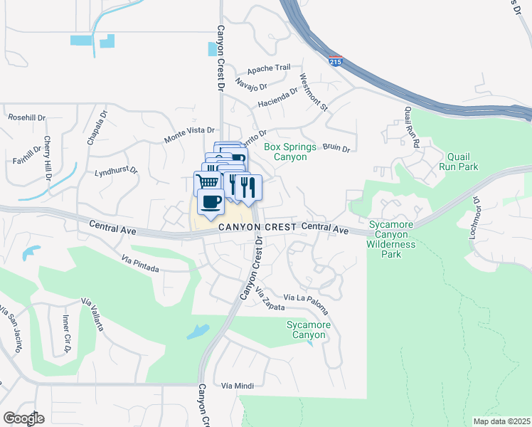 map of restaurants, bars, coffee shops, grocery stores, and more near 5384 Dahlia Lane in Riverside