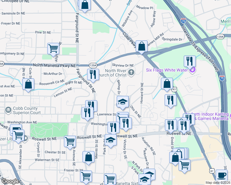 map of restaurants, bars, coffee shops, grocery stores, and more near 176 Bishop Drive in Marietta