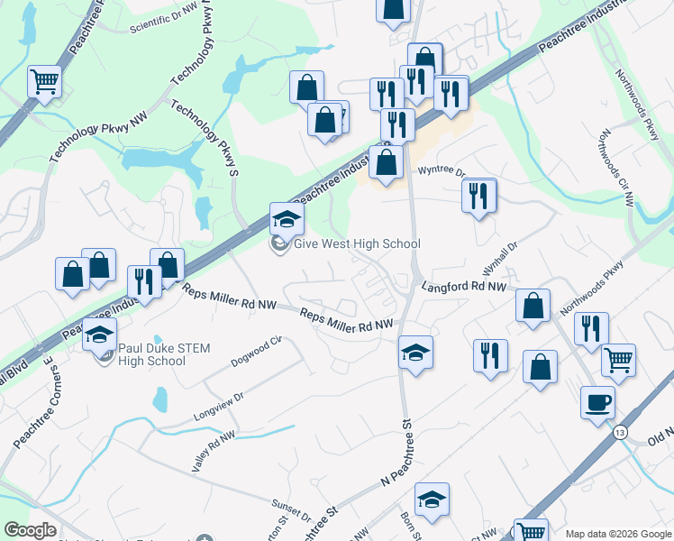 map of restaurants, bars, coffee shops, grocery stores, and more near 3201 Trace Views Court in Norcross