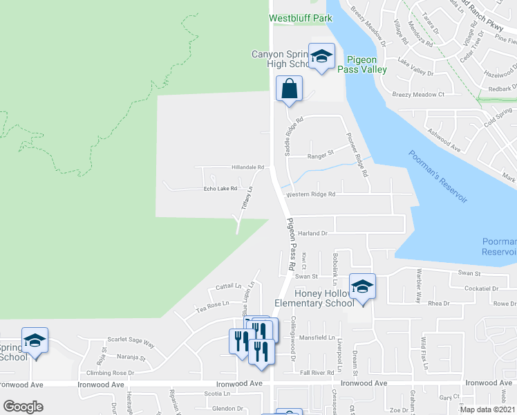 map of restaurants, bars, coffee shops, grocery stores, and more near 11455 Pigeon Pass Road in Moreno Valley