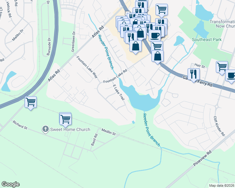 map of restaurants, bars, coffee shops, grocery stores, and more near 100 Lake Way Lane in Columbia