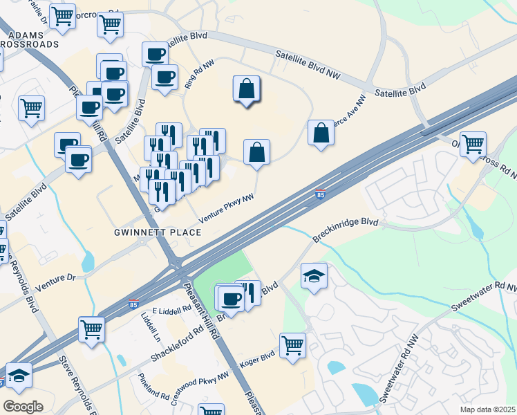 map of restaurants, bars, coffee shops, grocery stores, and more near 3390 Venture Parkway Northwest in Duluth