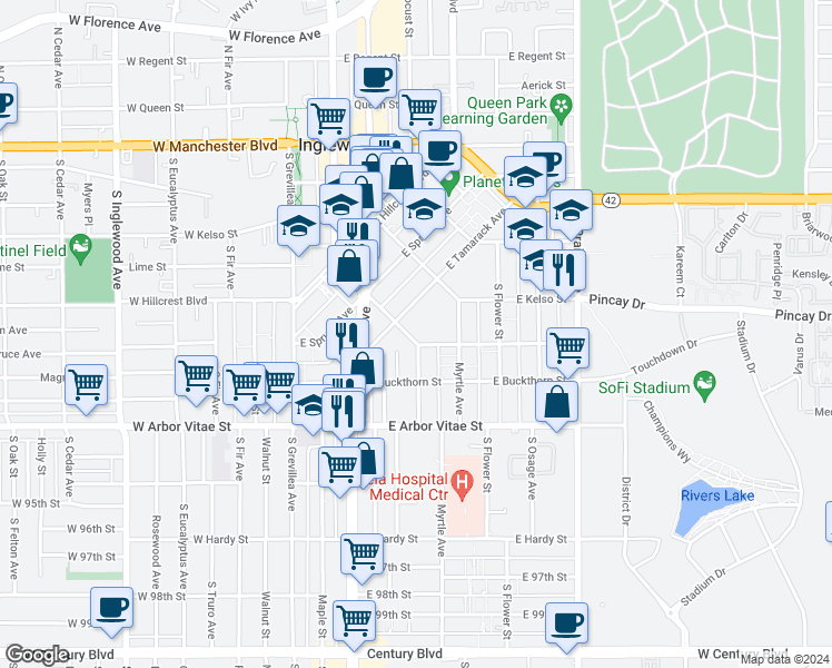 map of restaurants, bars, coffee shops, grocery stores, and more near 819 East La Palma Drive in Inglewood