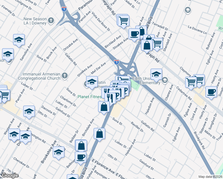 map of restaurants, bars, coffee shops, grocery stores, and more near 8604 Whittle Court in Downey