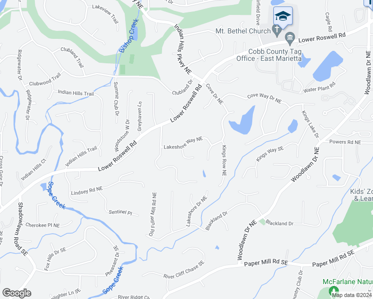 map of restaurants, bars, coffee shops, grocery stores, and more near 254 Lakeshore Court Northeast in Marietta