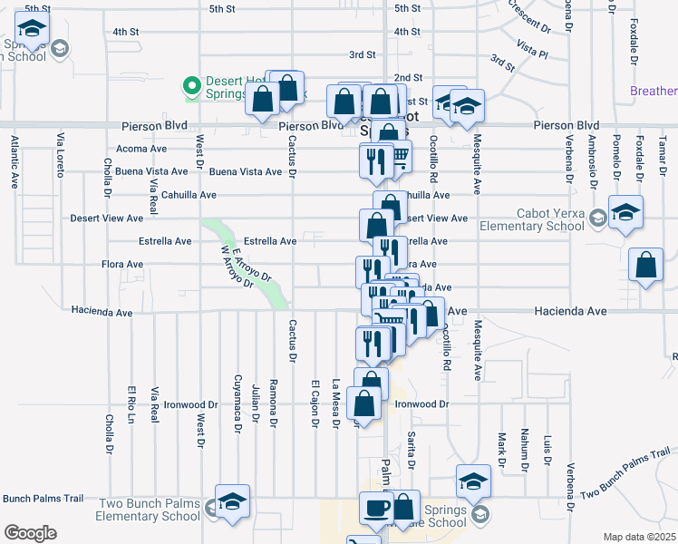 map of restaurants, bars, coffee shops, grocery stores, and more near 66375 Flora Avenue in Desert Hot Springs