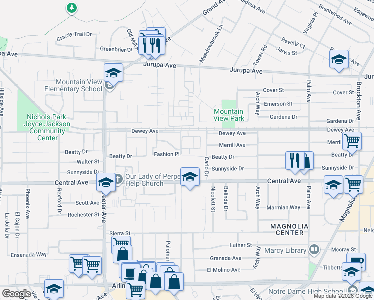 map of restaurants, bars, coffee shops, grocery stores, and more near 6371 Lionel Court in Riverside