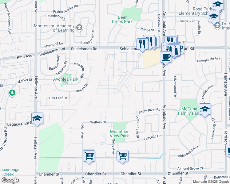 map of restaurants, bars, coffee shops, grocery stores, and more near 7293 Rondo Drive in Corona
