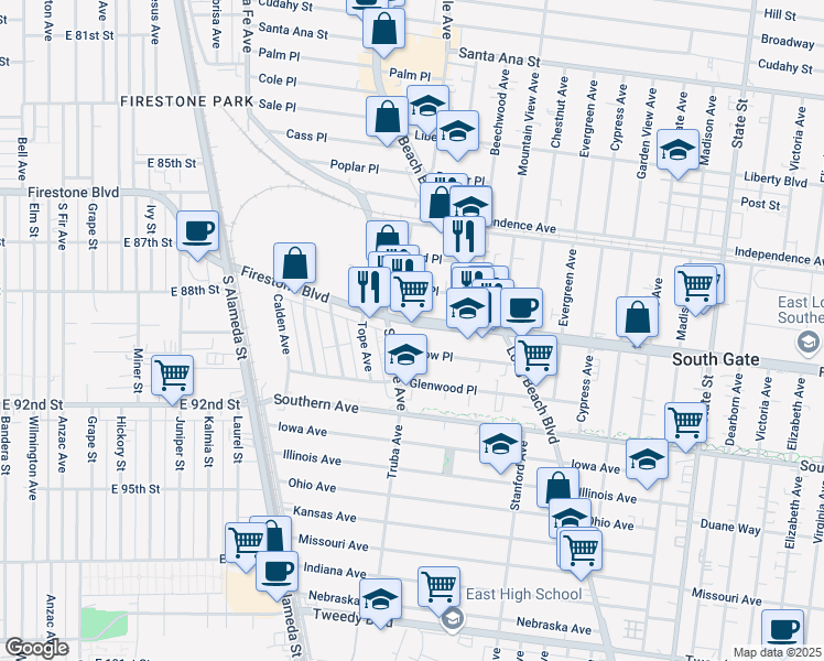 map of restaurants, bars, coffee shops, grocery stores, and more near 2722 Firestone Boulevard in South Gate